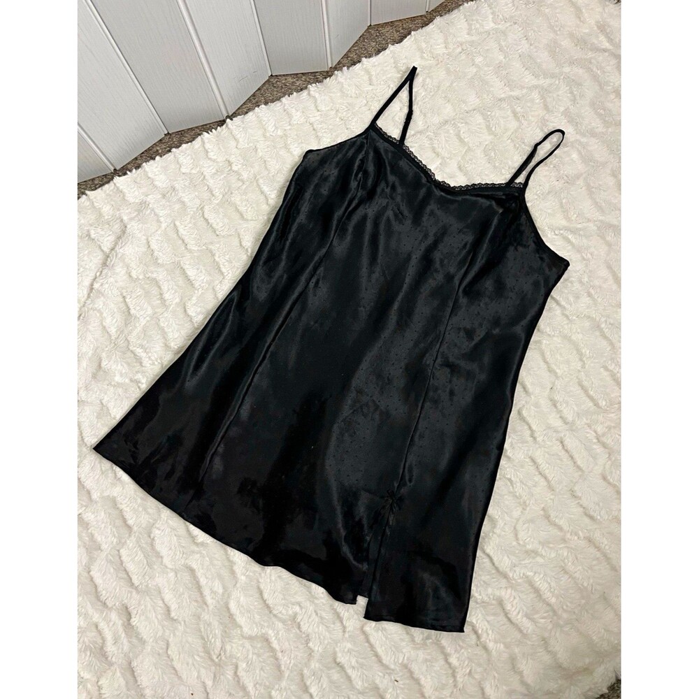 Apt. 9 Black Satin Slip Dress XL Lace Trim Side Slit Chemise Nightgown Polka Dot